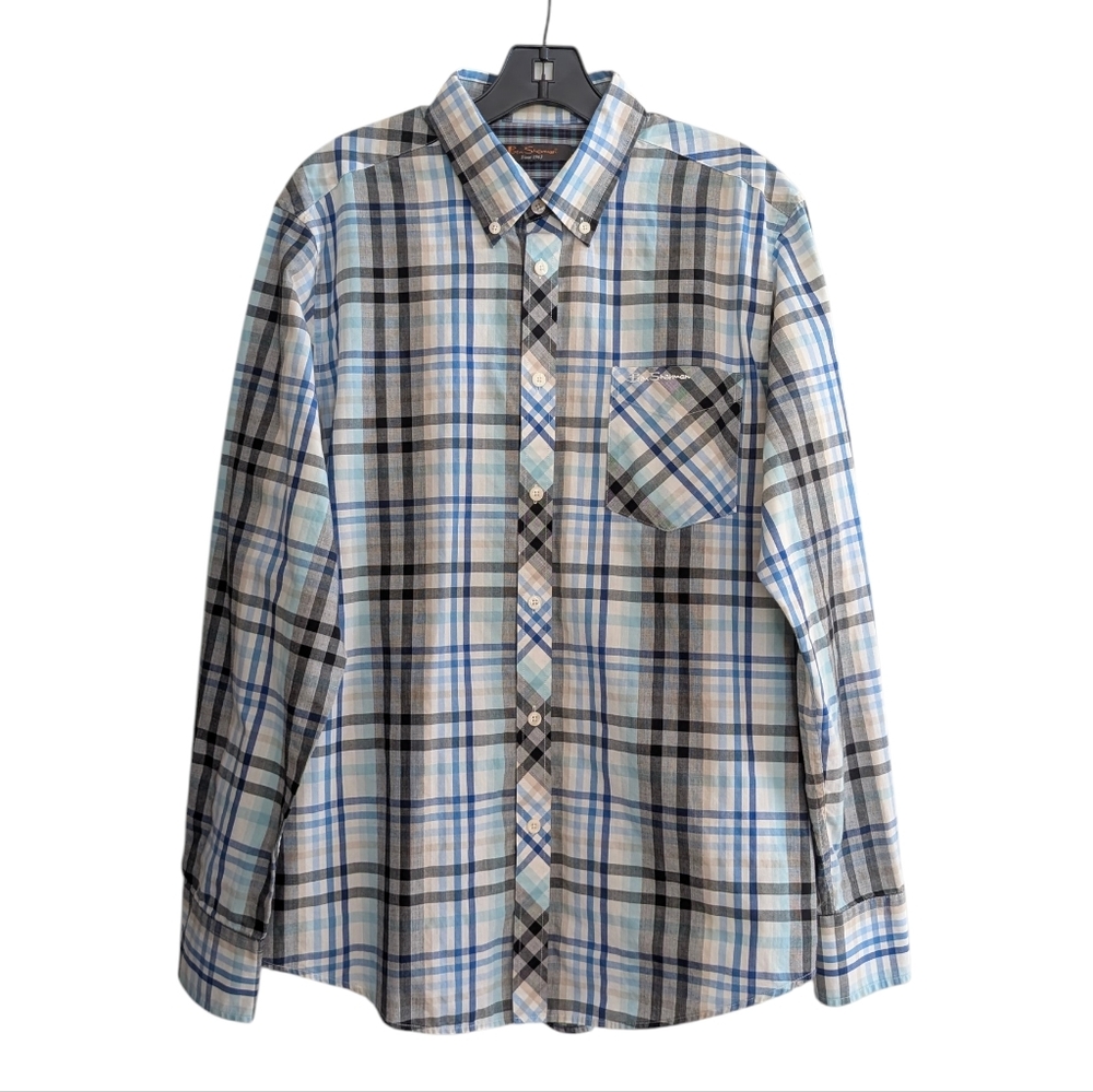 Ben Sherman Men XL Plaid Check Button Down Long Sleeve Shirt Blue Gray Black